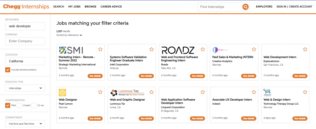 The job results for "web developer" on Chegg Internships