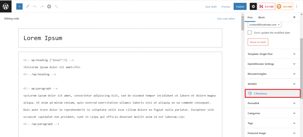 The revisions menu in WordPress Gutenberg Block Editor