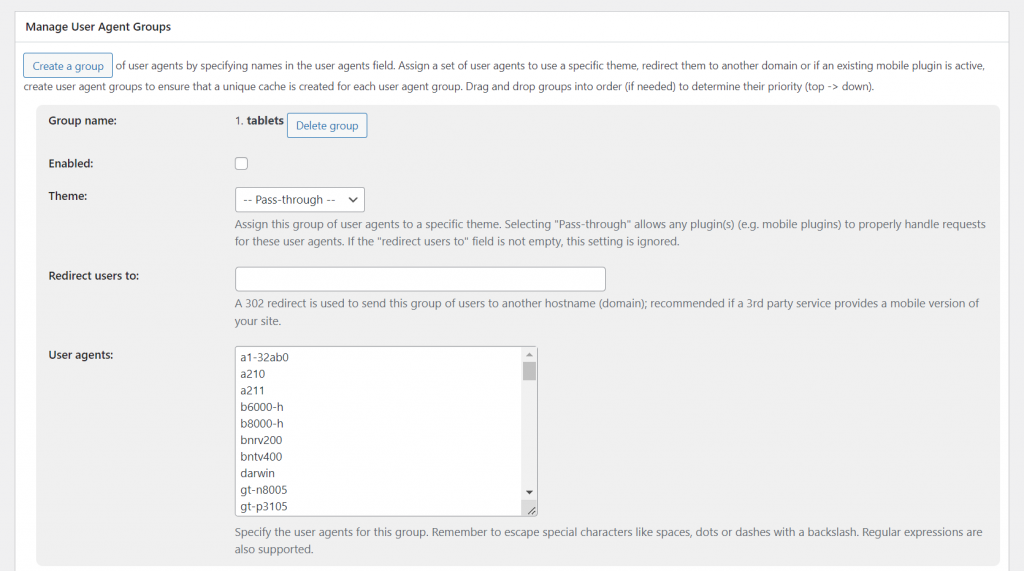 W3 Total Cache's Manage User Agent Group section