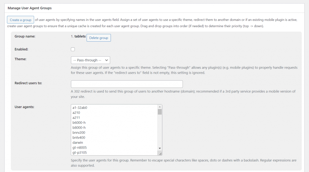 Section "Manage User Agent Group" de W3 Total Cache