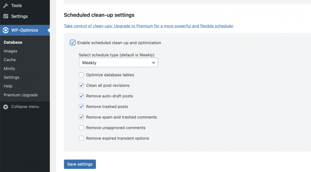 WP-Optimize scheduled clean-up settings