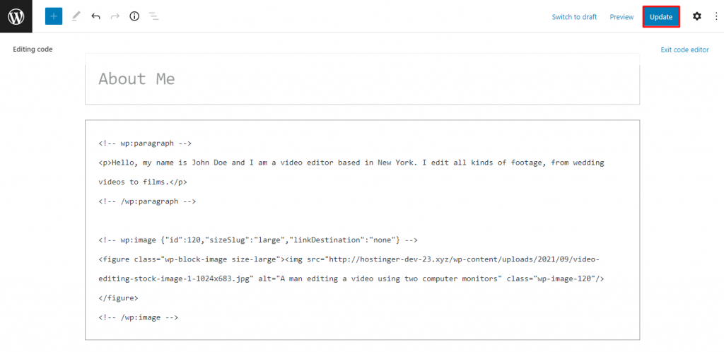 WordPress Gutenberg page editor's code editor with the Update button highlighted