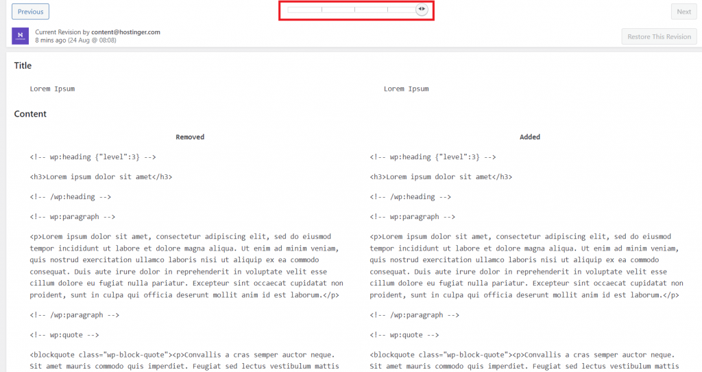 WordPress revisions interface
