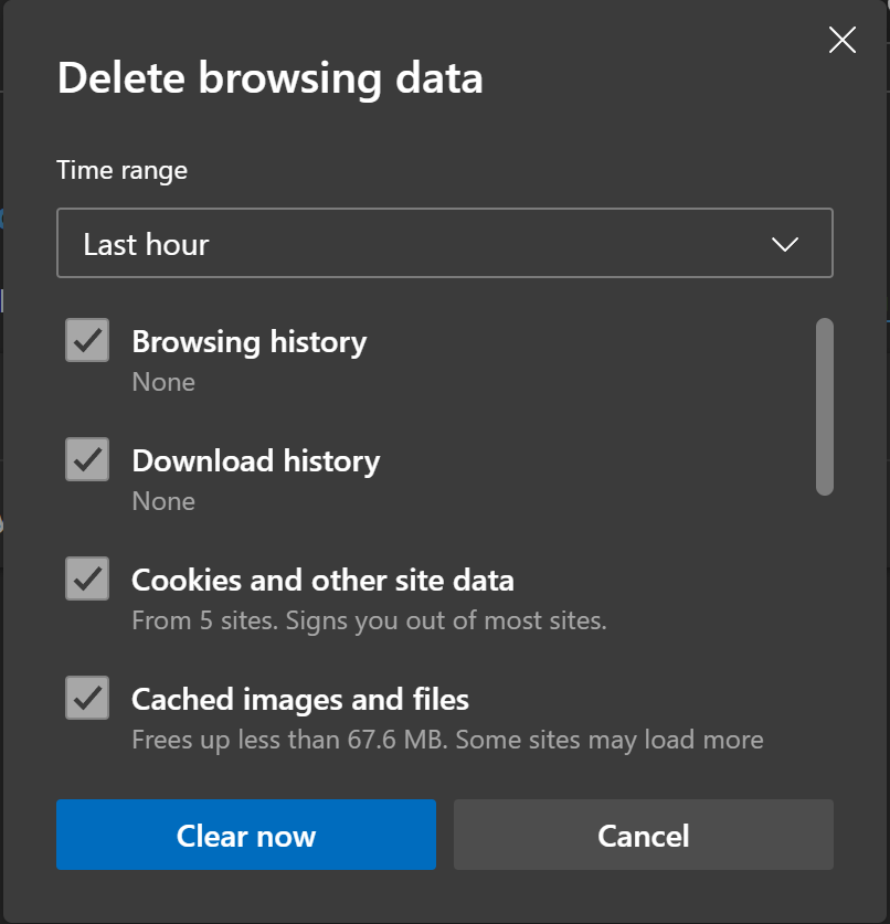 Microsoft Edge's cache and browsing data deletion page