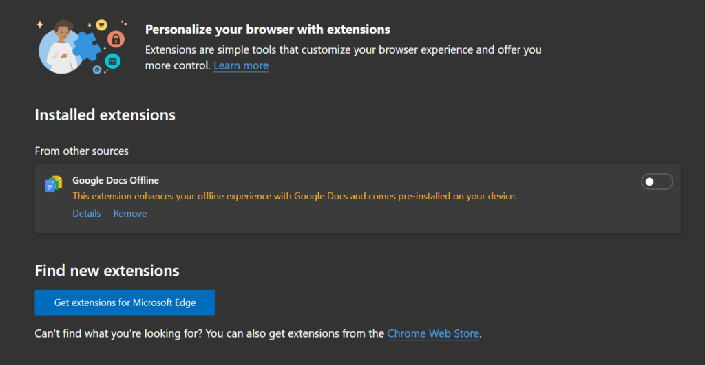 Microsoft Edge's extension management menu