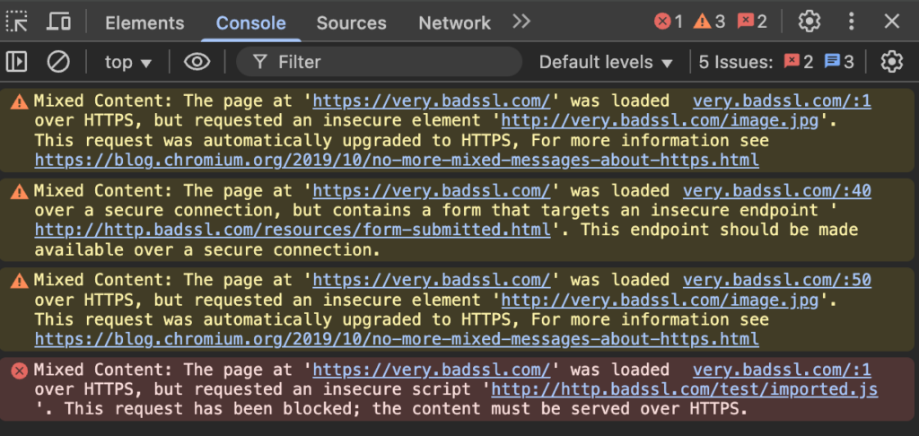 Mixed content warnings on a web browser's developer tool console