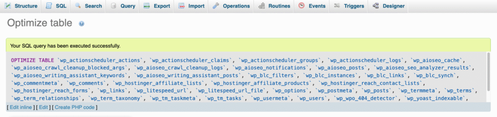 Command execution confirmation message in phpMyAdmin