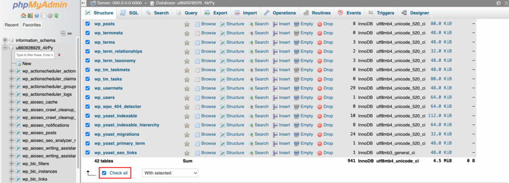 phpMyAdmin Structure tab, highlighting the button to check all tables