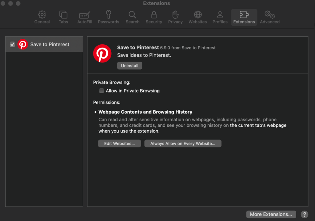 Safari extension management menu