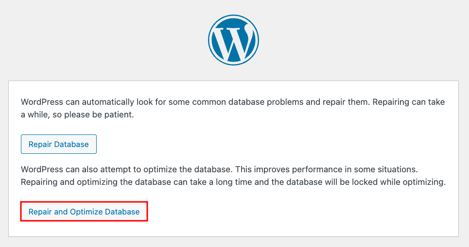 WordPress database optimization tool window
