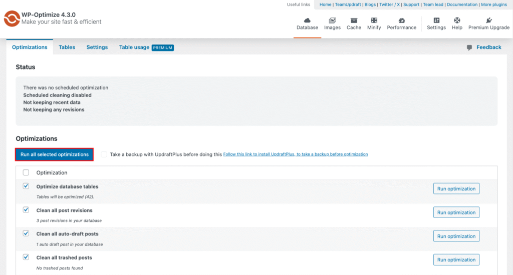 WP-Optimize menu in WordPress, highlighting the button to execute selected optimizations