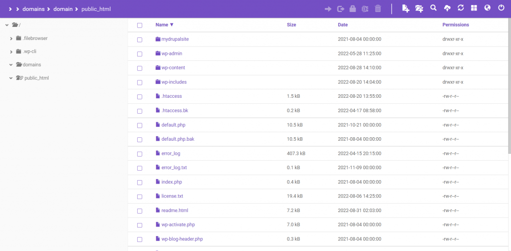 The content of a root directory, seen through Hostinger's File Manager