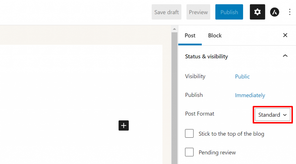 The post Format option is located under the settings tab