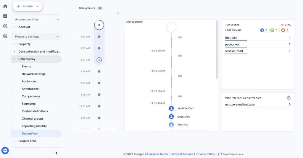 DebugView interface in Google Analytics 4
