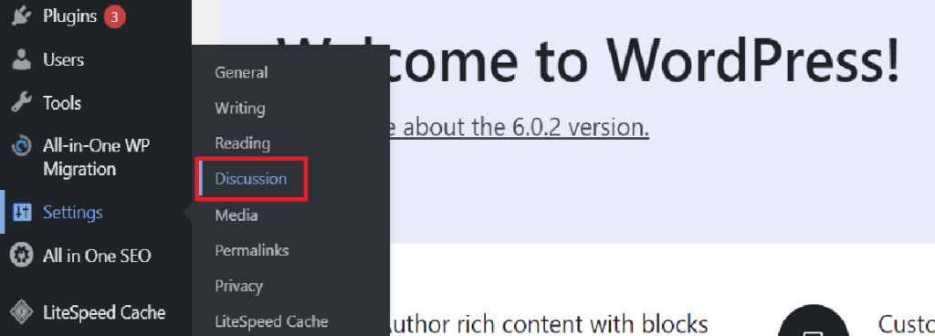 Accessing the Settings → Discussion page on the WordPress Dashboard.