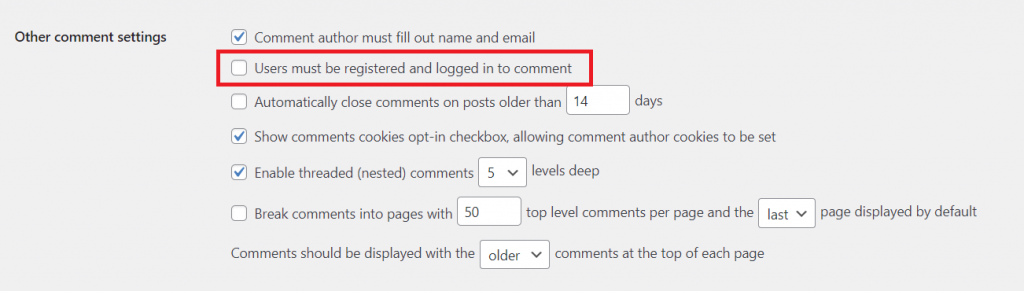 Enabling the Users must be registered and logged in to comment option on WordPress.