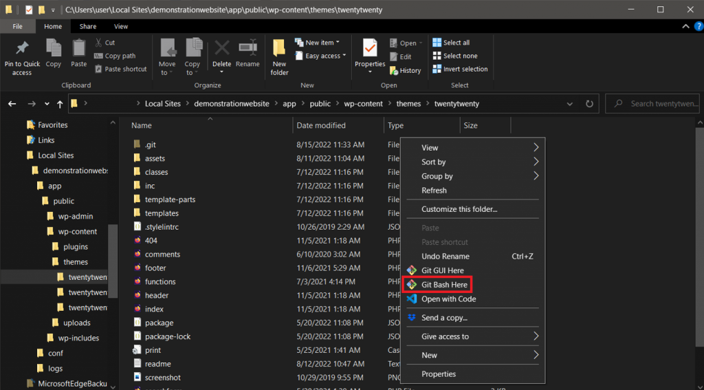 Git Bash Here on a repository folder