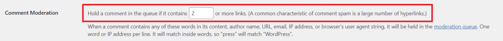 Setting a limit on the number of allowed links in comments on WordPress.