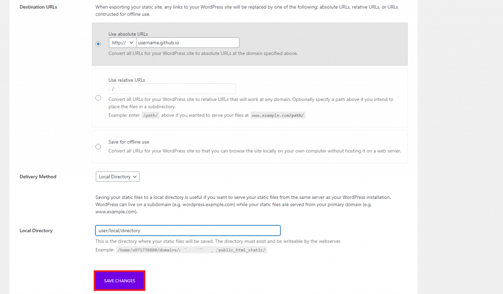 Setting up Simply Static site URL, and delivery method and destination