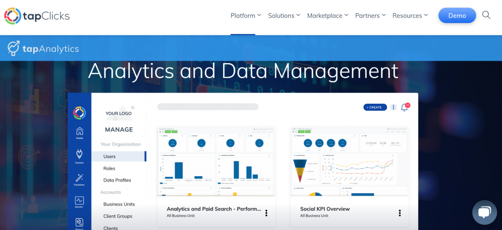 TapAnalytics' homepage – a digital marketing reporting dashboard