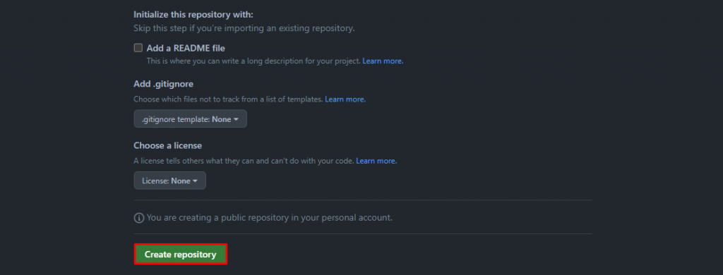 The Create repository button on GitHub's new repo creation page