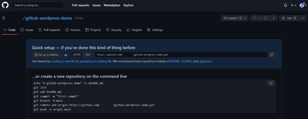 The new repository's URL shows under the Quick Setup section