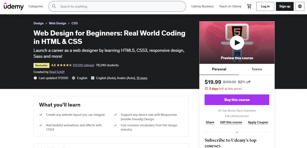 The page of the web design for beginners course by Udemy.