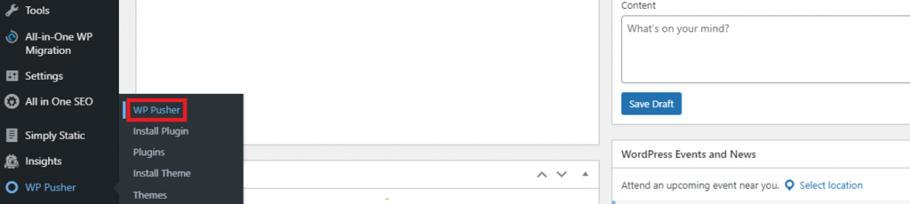 WP Pusher plugin menu on WordPress' sidebar