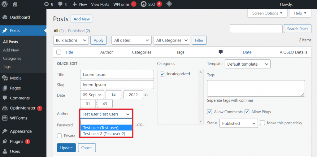 Assigning a new post author in the Quick Edit window.