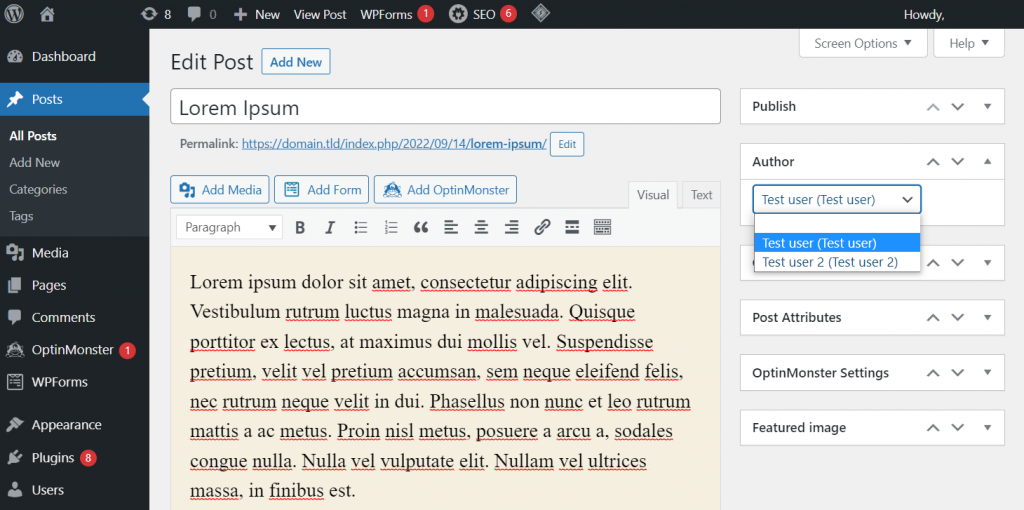 Assigning a new post author on WordPress Classic Editor