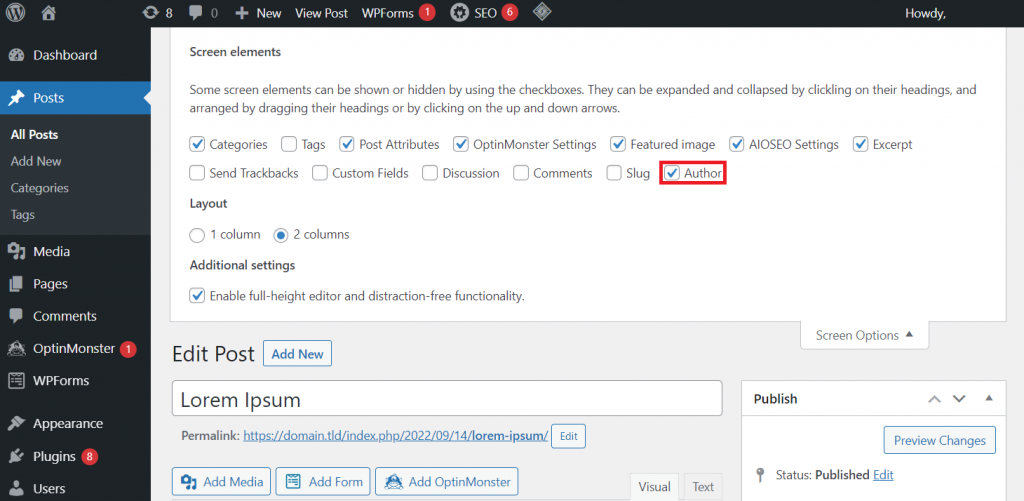Enabling the Author configuration panel in the Screen elements section on WordPress