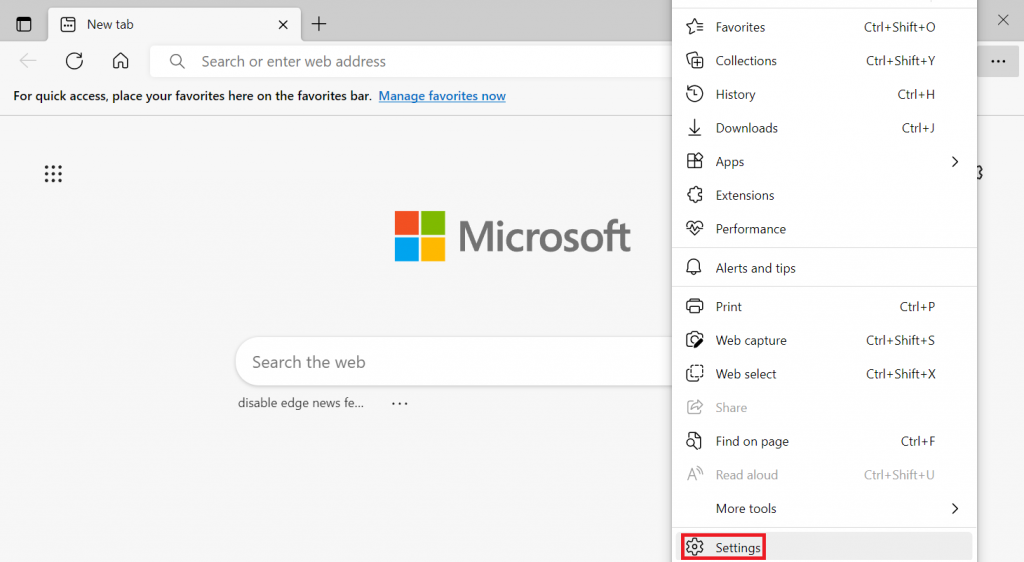 The Settings menu in Microsoft Edge