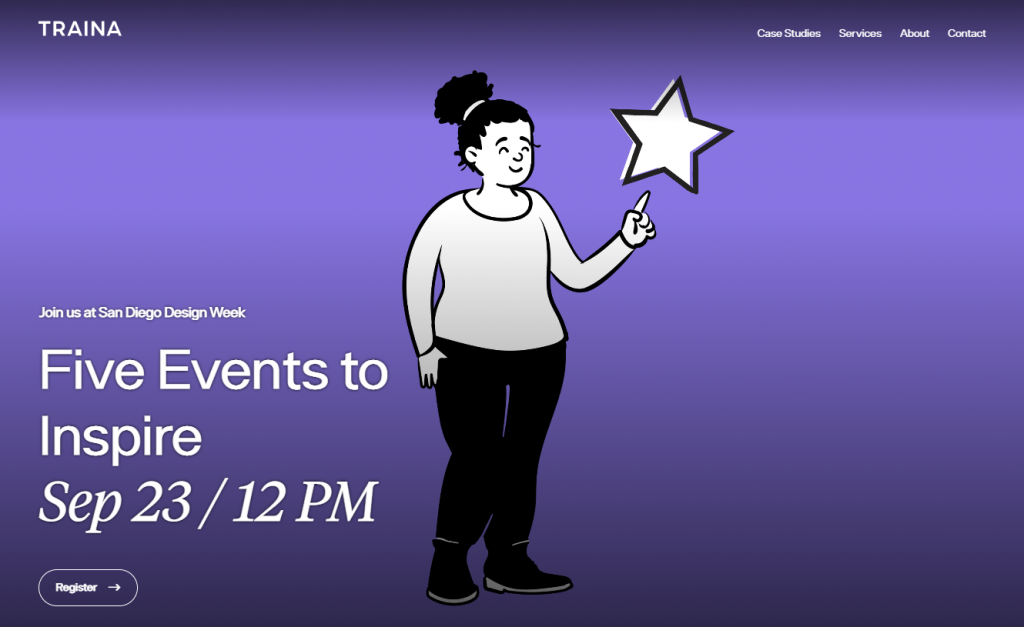 The homepage of Traina, an independent branding and web design agency