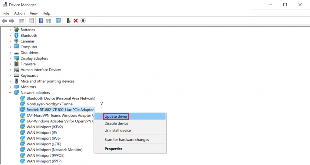 TheUpdate driver option in Windows 10