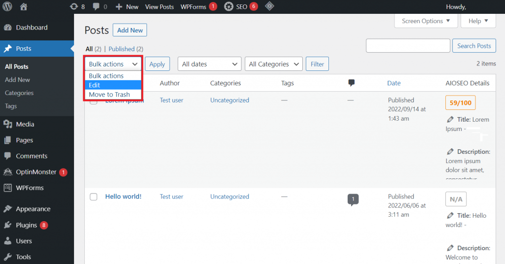 A highlighted Bulk action feature on WordPress