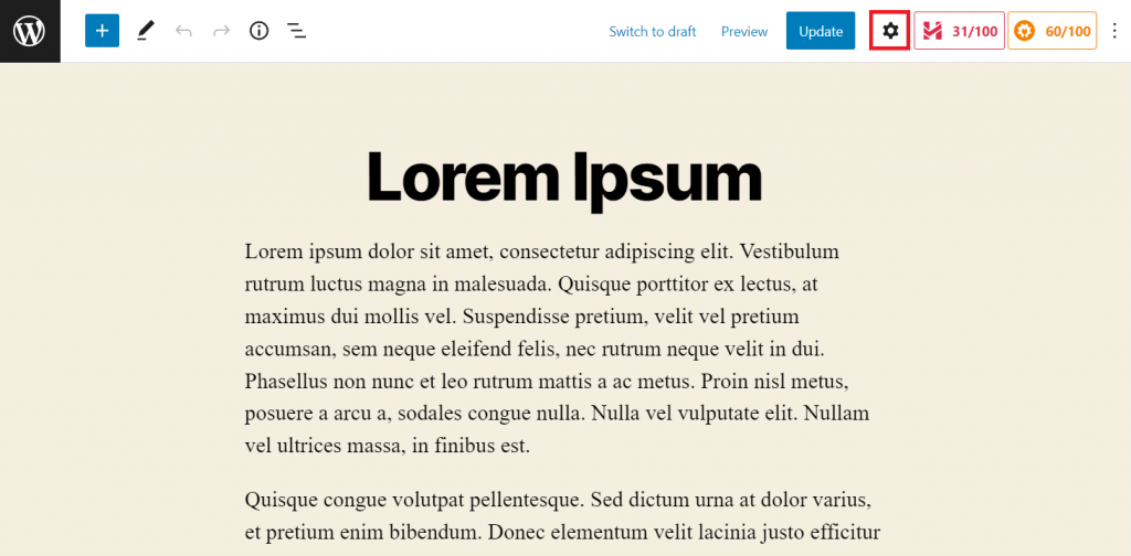 A highlighted gear icon on WordPress to access Post and Block settings