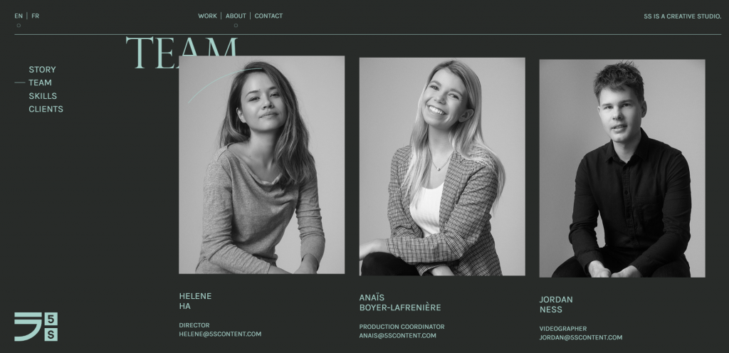 5S's web page displaying their team members' photos and profiles