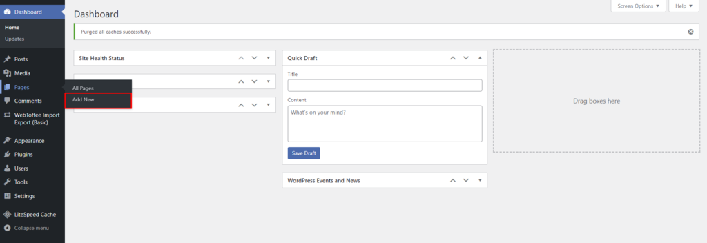 Creating a new static page in WordPress