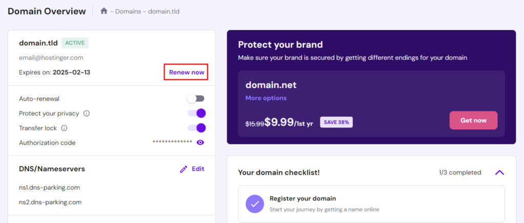 Domain overview page with Renew now highlighted in hPanel