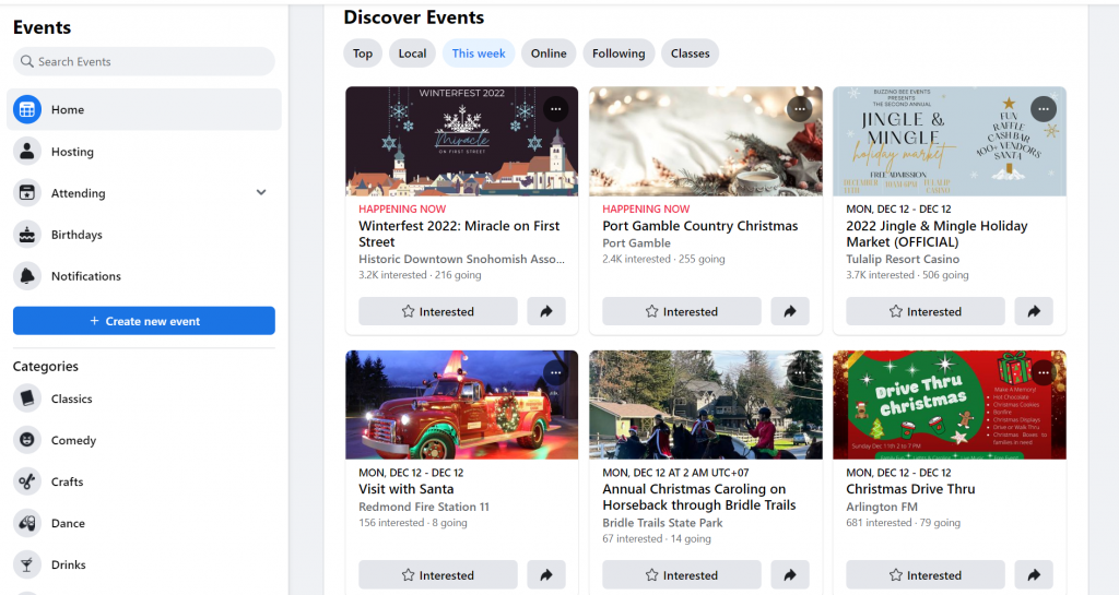 Explore page for Facebook Events