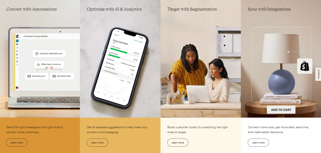 Mailchimp's features section on the official landing page