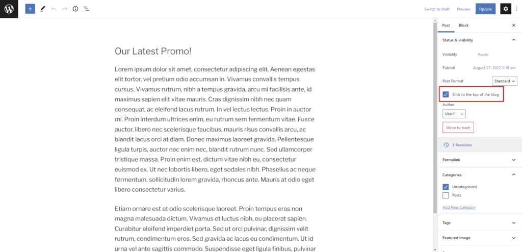 Positioning a blog post at the top of the blog post list using the sticky feature
