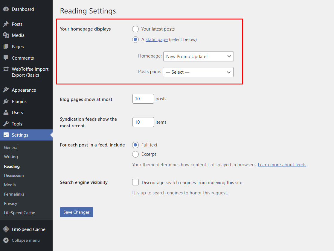 Setting up a new static homepage in WordPress