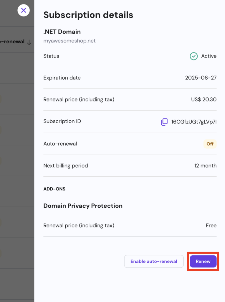 Subscription details popup with Renew button highlighted