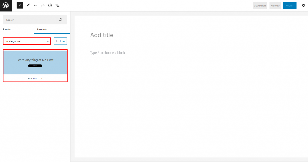 The Free trial CTA block pattern under the Uncategorized menu, the final result of creating a custom pattern manually