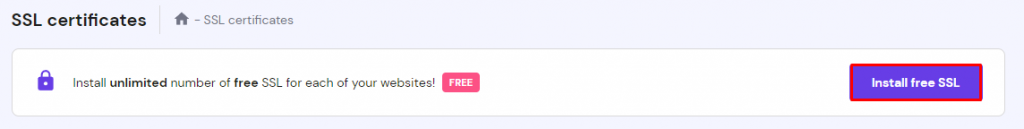 The SSL certificates menu on hPanel, highlighting the Install free SSL button