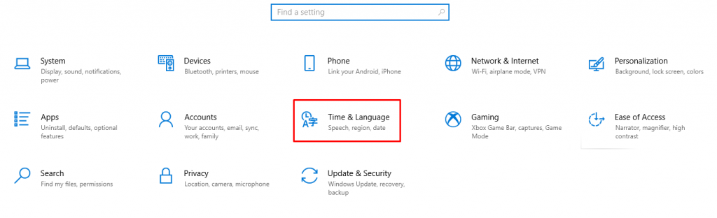 The Time & Language option on Windows' settings menu