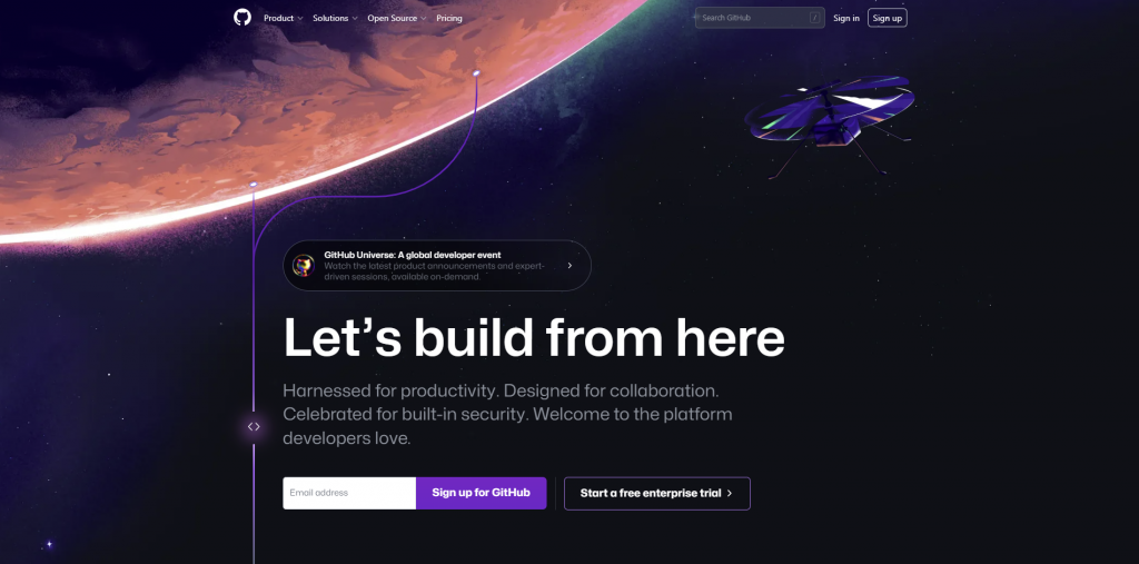 The homepage of GitHub, a popular repository hosting service.