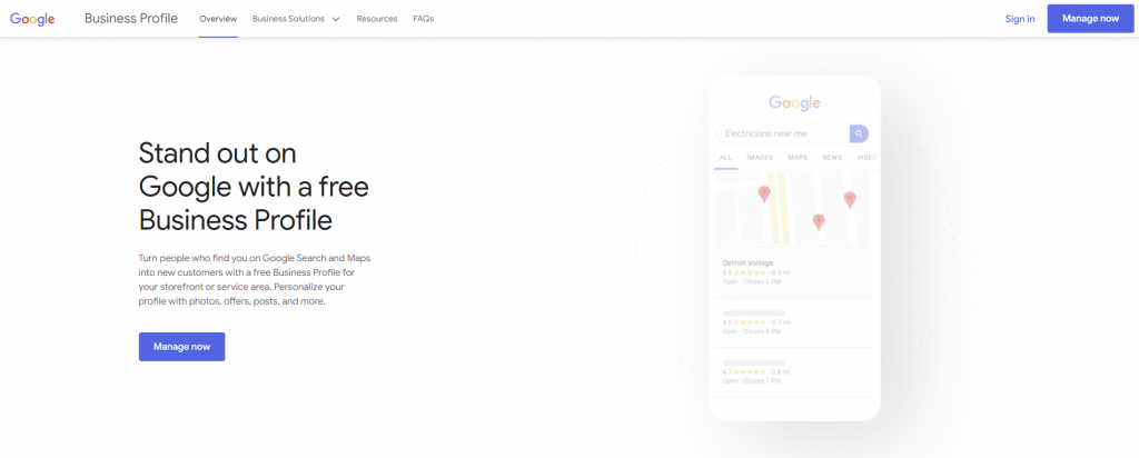 The homepage of Google My Business where business owners create a business profile to boost online visibility.