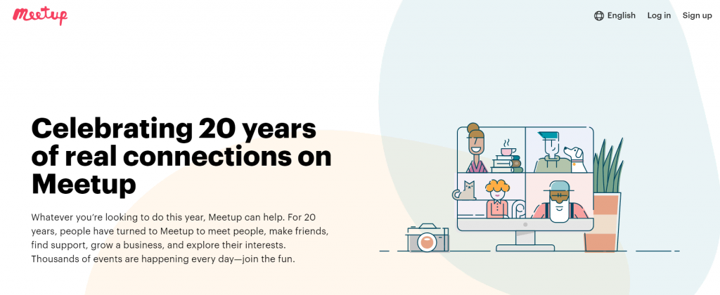 La page d'accueil de Meetup, une plateforme de socialisation.